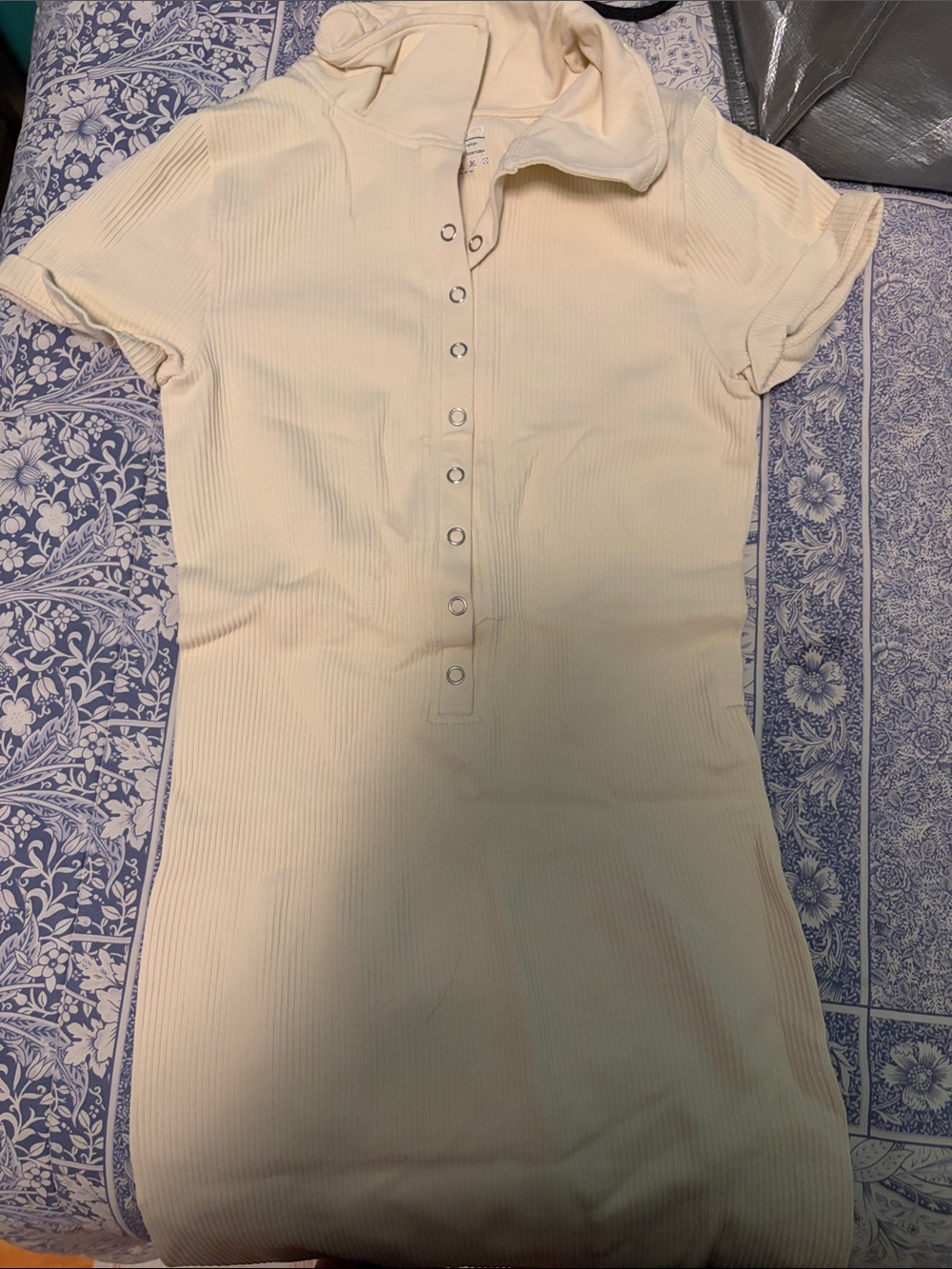 Amazon Cream Ribbed Short Sleeve Mini Dress with Snap Placket